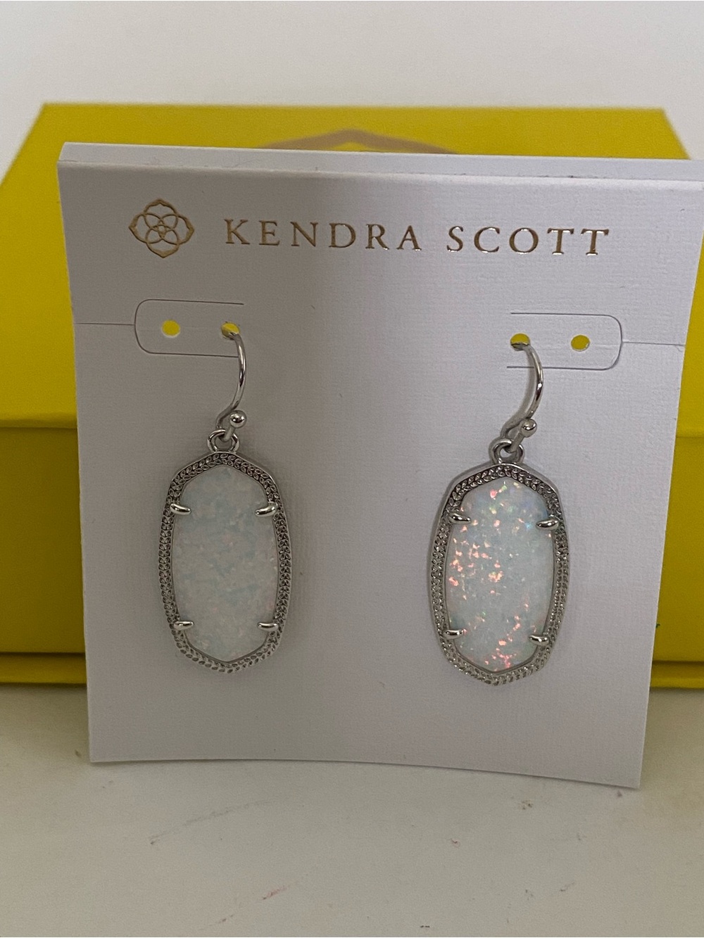 Kendra Scott Dani Iridescent White Opal Stones Dangle Earrings Silver Tone NEW